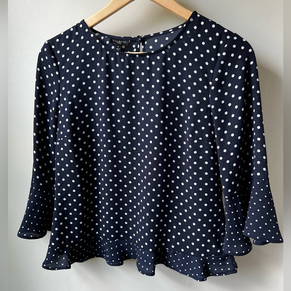 TALBOTS Flounce Dot‎ Print Top Bell Sleeves Polka Dots Ruffle Classic Petite S